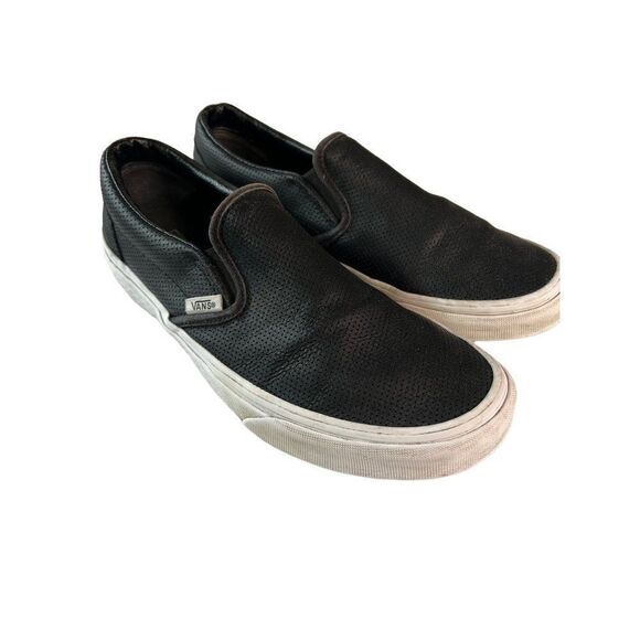 Vans Black Leather Classic Slip On Casual Tennis Shoes. Black. Size M- 6.5  W-8 - Picture 1 of 13